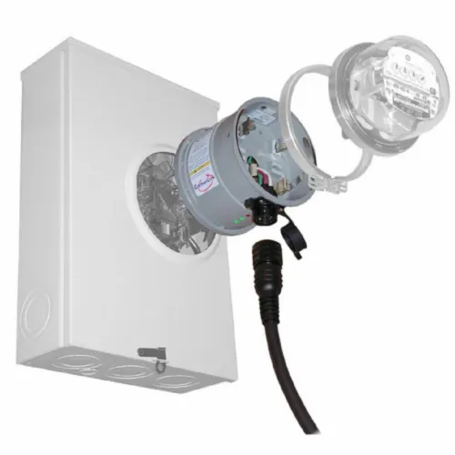 GenerLink UL-listed meter-mounted transfer switch shown with a residential electric meter and generator connection cable.